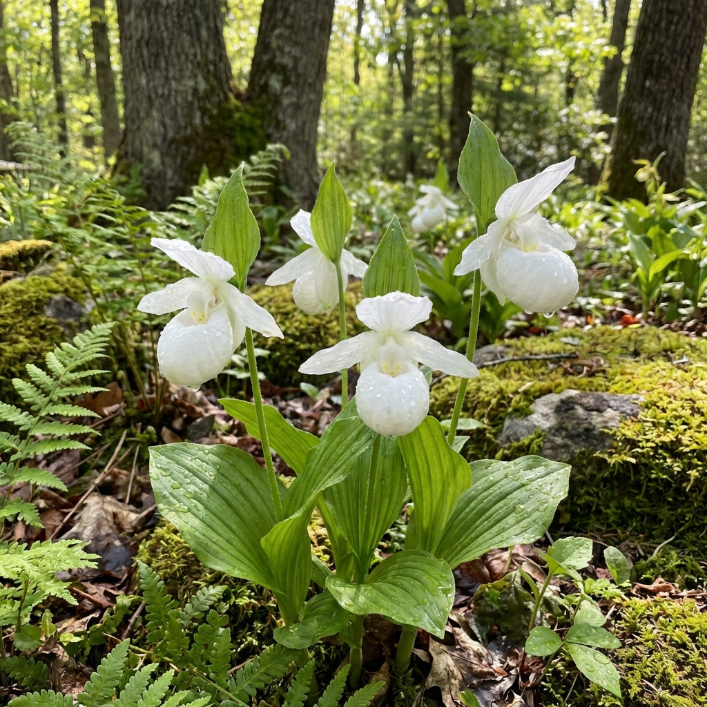 白いクマガイソウの種子（Cypripedium acaule）－森林の蘭の品種