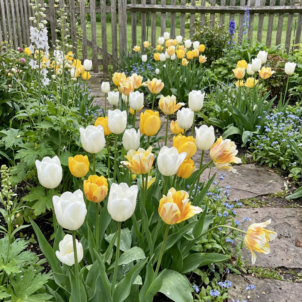 Weiße und gelbe Tulpenblumensamen für lebendige Gartenpflanzungen