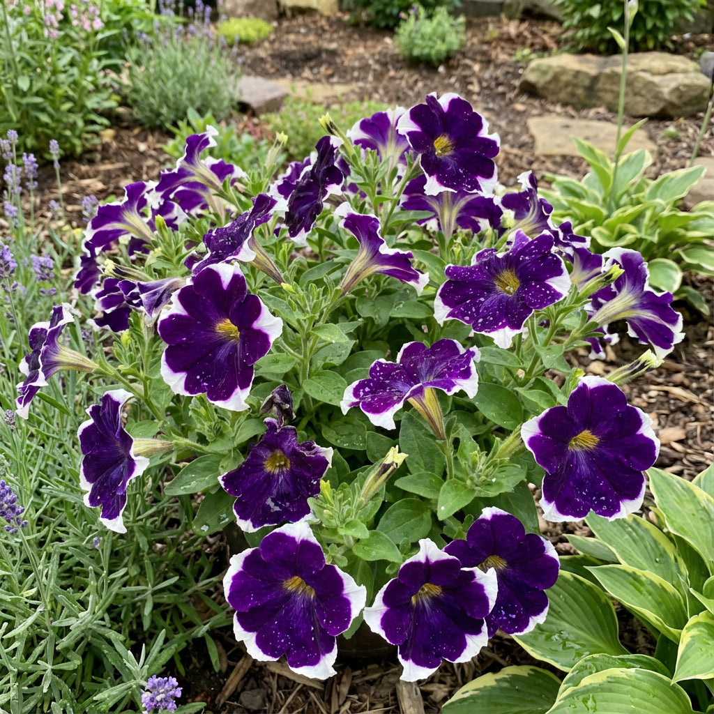 植え付け用の濃紫色と白の斜め咲きペチュニアの花の種