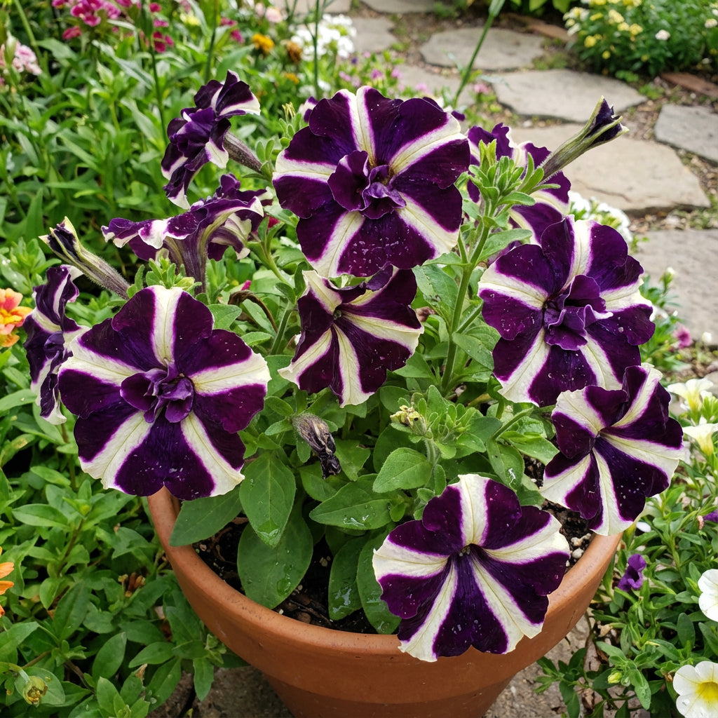 植え付け用の濃紫色と白の斜め咲きペチュニアの花の種