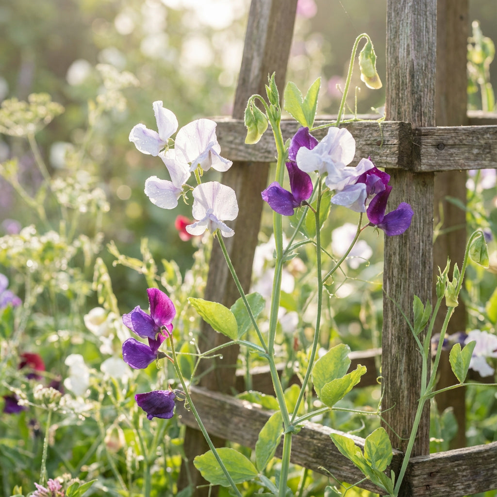 Graines de pois de senteur à fleurs blanches et violettes
