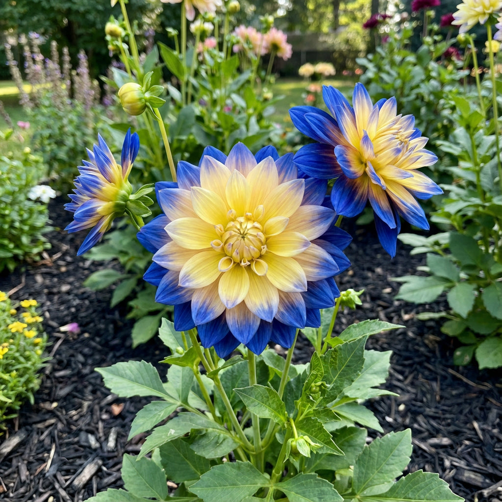 Graines de fleur de dahlia pour plantation jaune bleu - Cultivez les dahlias jaunes et bleus éclatants pour un jardin vibrant